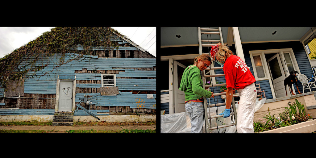 Two women work in the Lower Ninth Ward of New Orleans to help rebuild a house (r) while others in the neighborhood still remain in tatters.  (Photo by Jeremy Locke/Momenta Workshops)