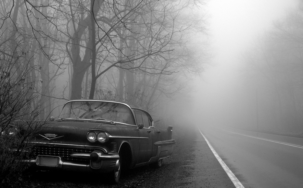 1958 Cadillac in Fog (black and white) by Andrew Pasko-Reader