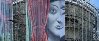 Installation of Draw the Curtain, an artwork by Nicolas Party, spanning the exterior of the Hirshhorn Museum